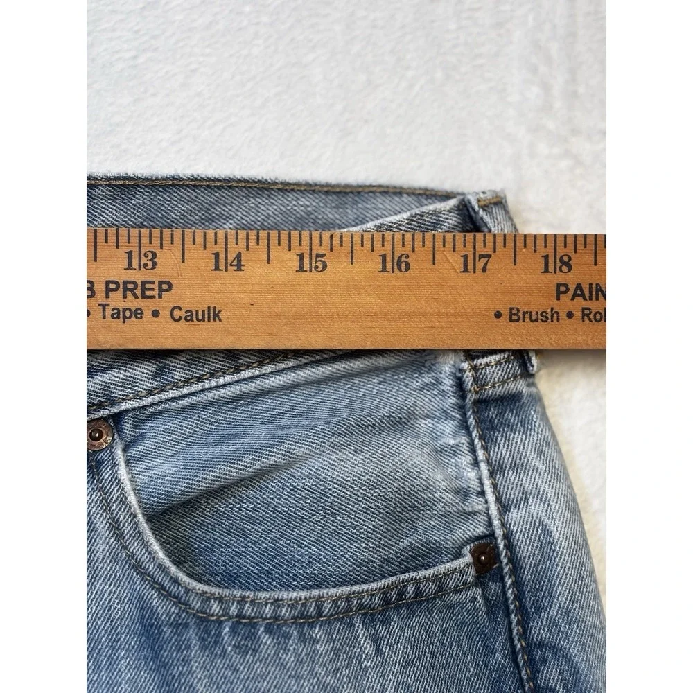 Levis 501 Jeans Mens Fit 36x28 Blue Denim Thrashed Straight Holes Raw‎ Hem